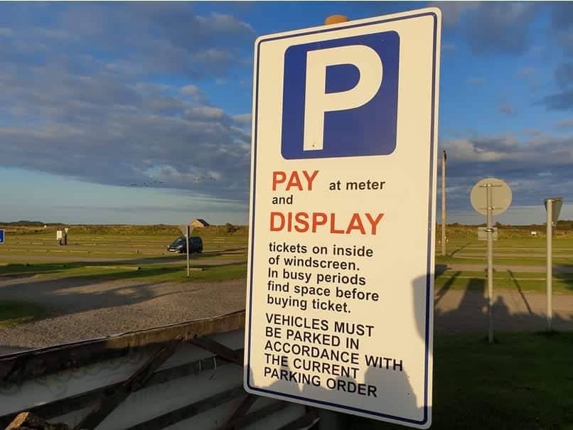 Pay and Display Car Park sign at Chare Ends car park, Holy Island