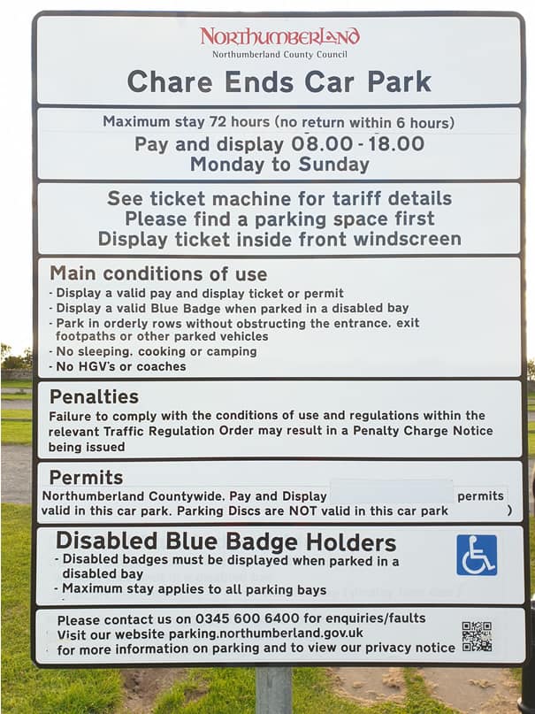 Terms and Conditions of Parking sign, Chare Ends Car Park Holy Island.