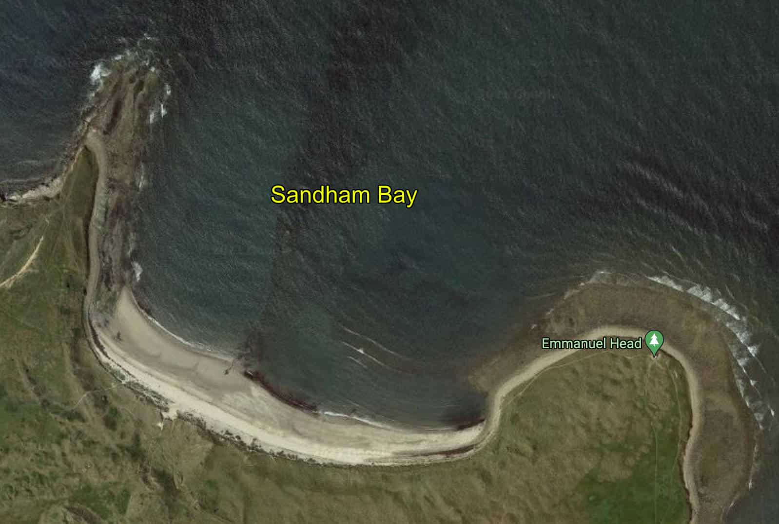 Map of location of Sandham Bay beach for wild swimming on Holy Island (Lindisfarne)