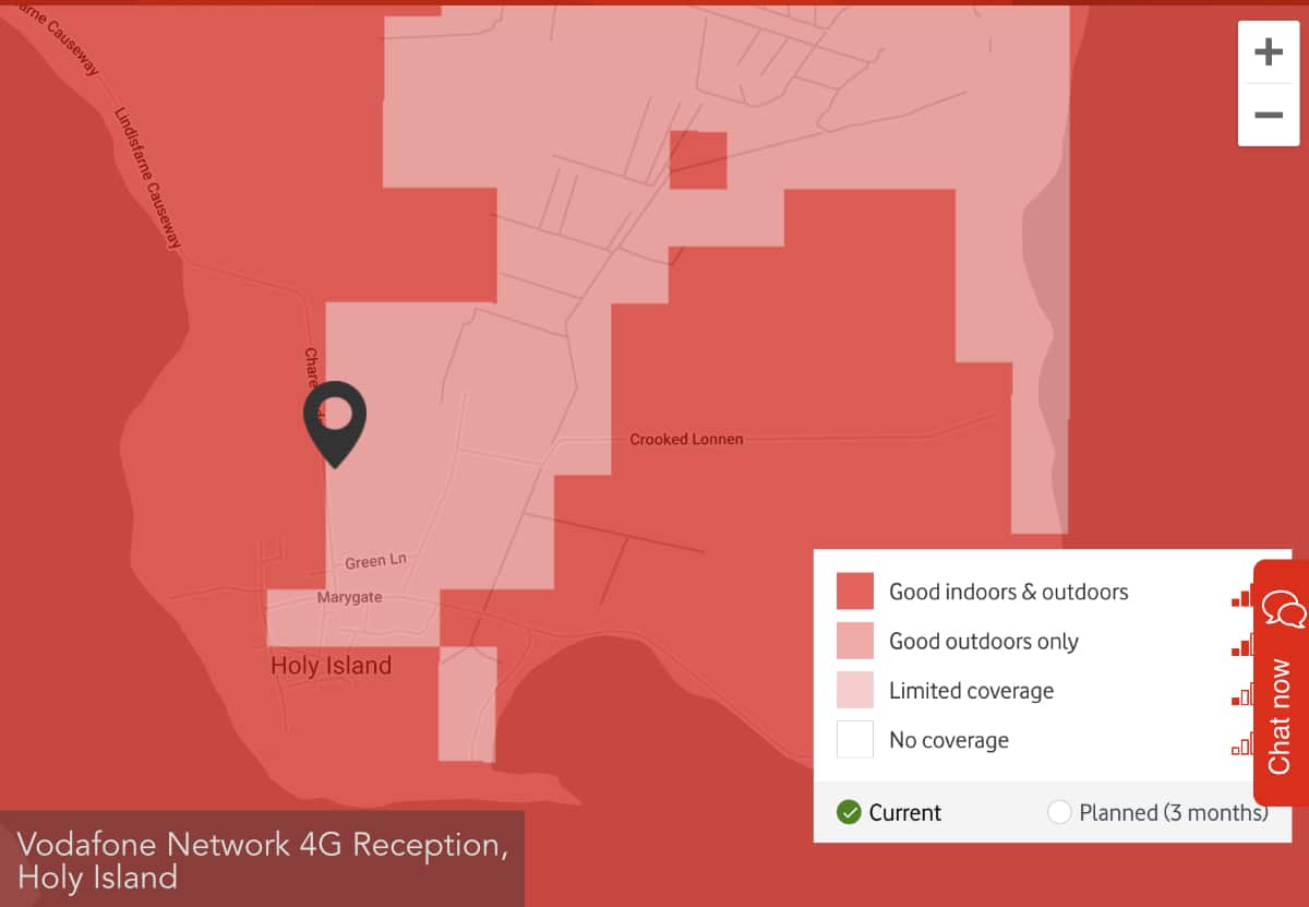 Vodafone 4G network coverage, Holy Island